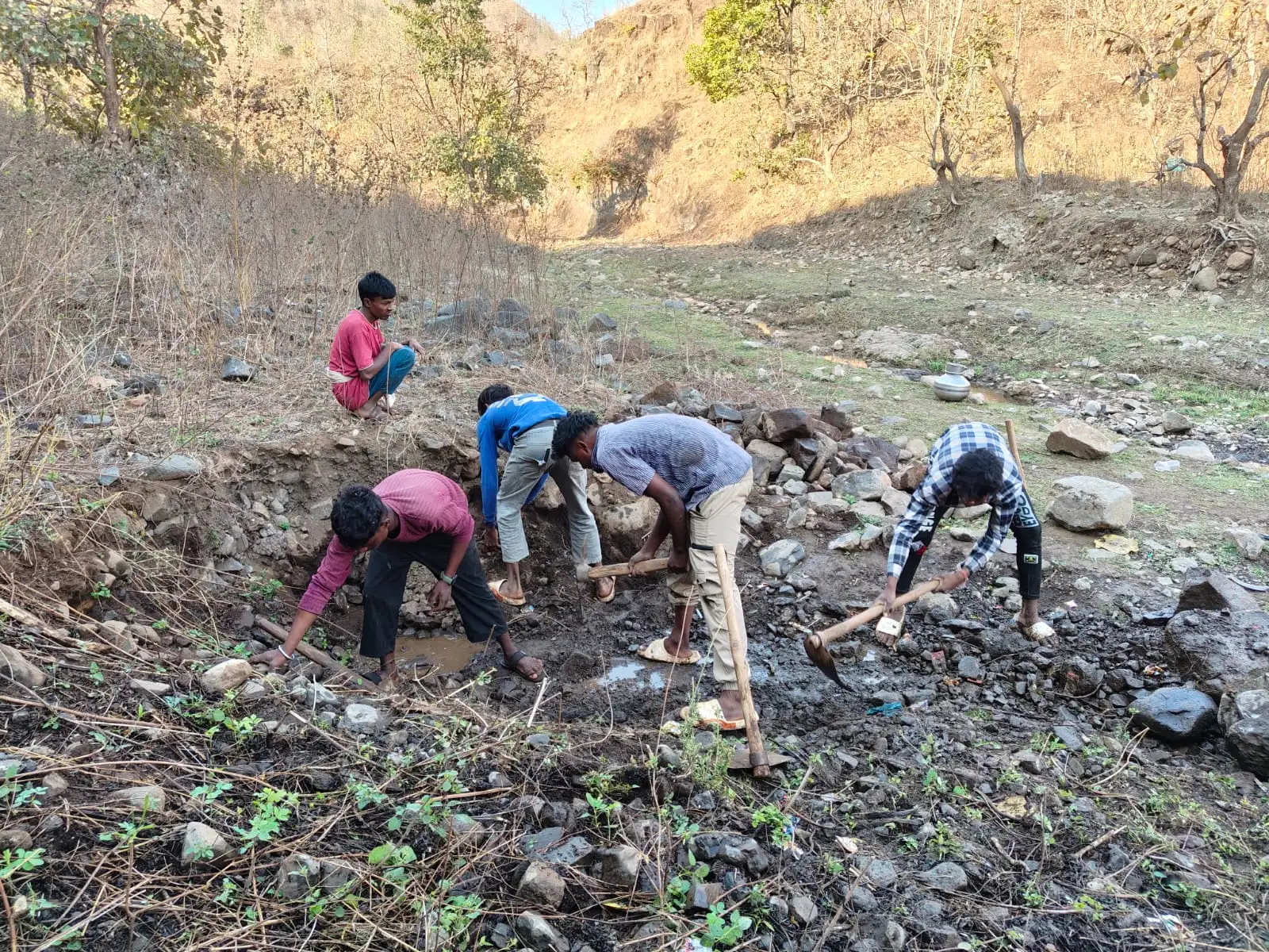 पाच जण सातपुडा डोंगररांगांमध्ये माती व दगड हाताळत आहेत.