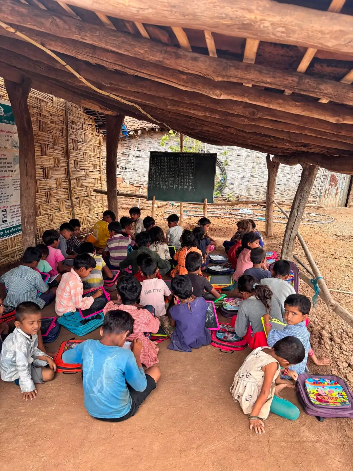 यंग फाऊंडेशनच्या सापुडा परिसरातील शाळेत मुले मातीवर बसून शिकत आहेत.